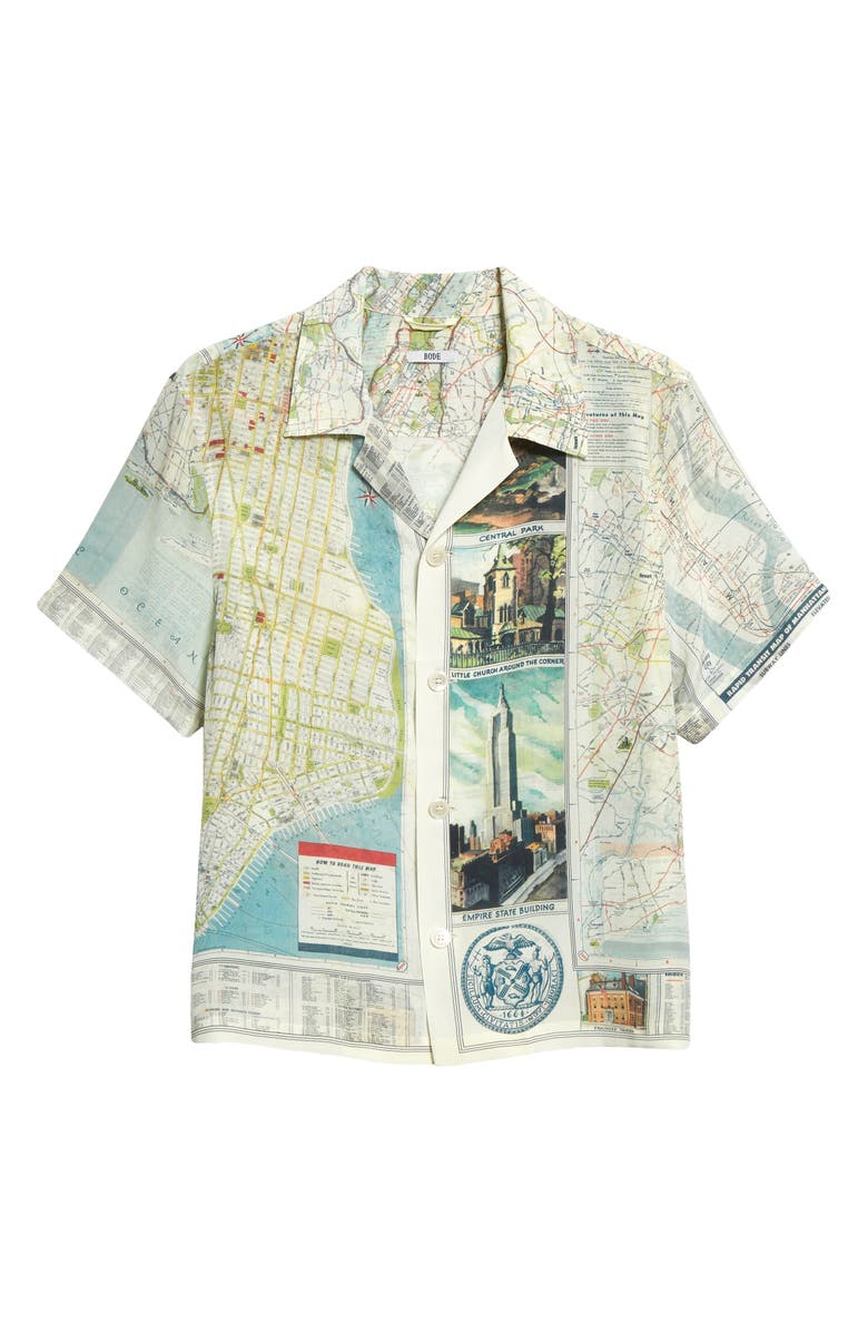 Bode New York City Map Short Sleeve Silk Button-Up Shirt, Alternate, color,