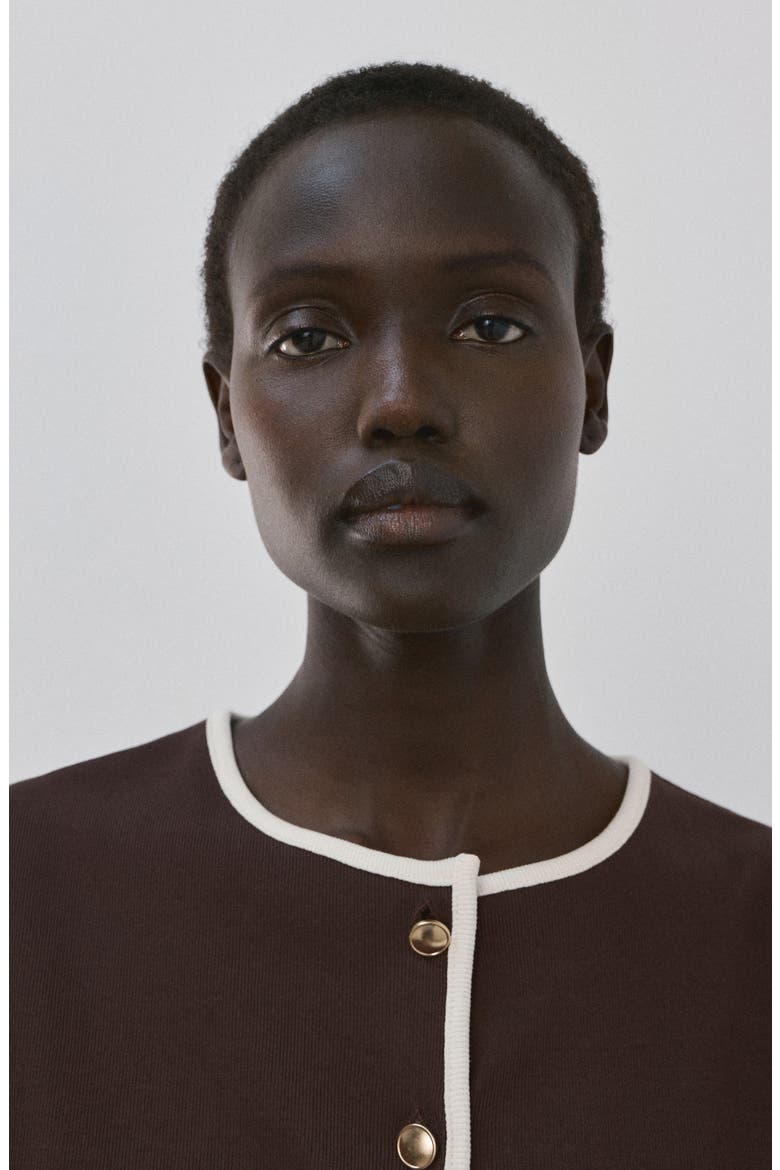 Piped Trim Cotton Button-Up Top, Alternate, color, CHOCOLATE