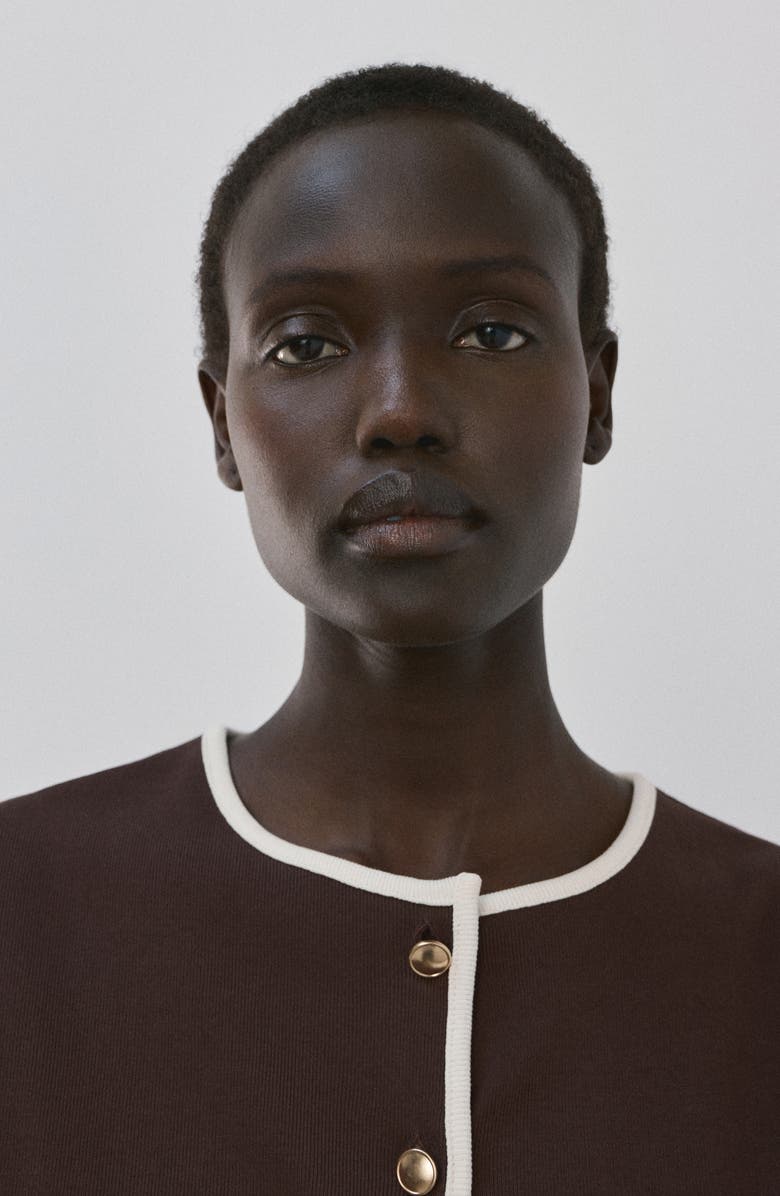 MANGO Piped Trim Cotton Button-Up Top, Alternate, color, Chocolate