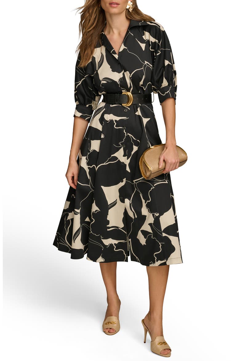 Floral Stretch Cotton Midi Shirtdress, Alternate, color, BLACK/ PARCHMENT