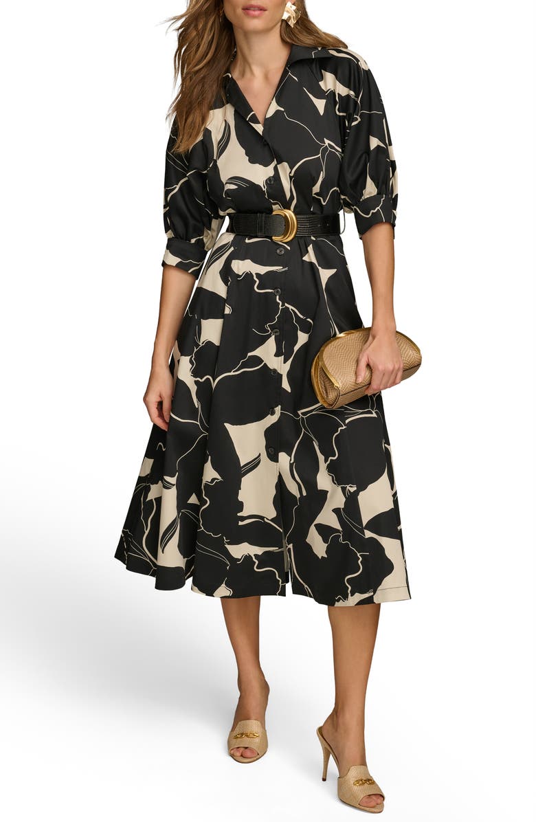 Donna Karan New York Floral Stretch Cotton Midi Shirtdress, Alternate, color, Black/ Parchment