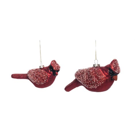 Red Holiday Glitter Cardinal Ornament Set of 2 Glass Ornaments