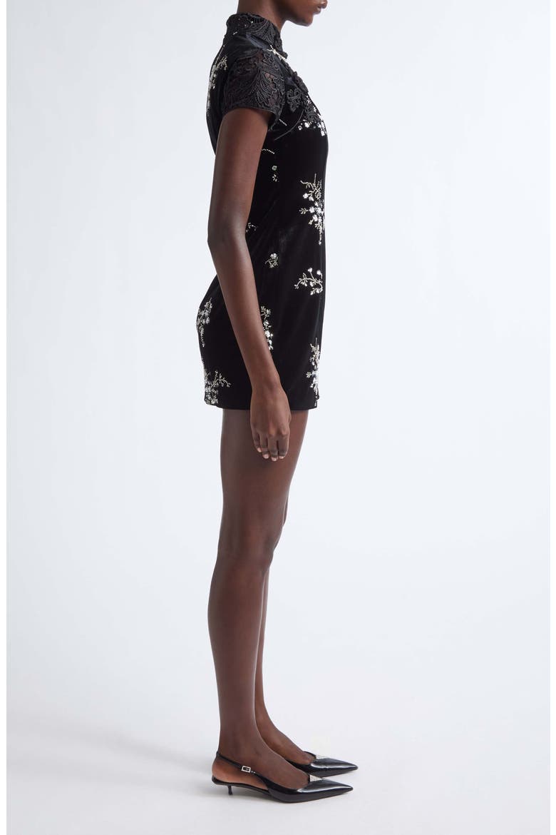 Haylee Beaded Lace Trim Velvet Qipao Minidress, Alternate, color, BLACK