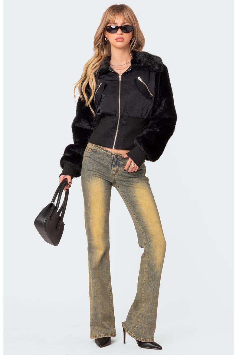 Malliora Faux Fur Trim Bomber Jacket, Alternate, color, BLACK