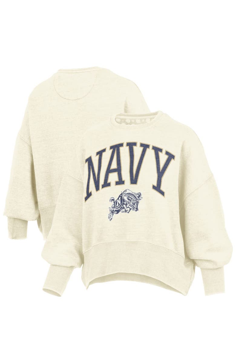 PRESSBOX Women
s Pressbox Natural Navy Midshipmen Oversized Waist-Length Crewneck Sweatshirt, Alternate, color,