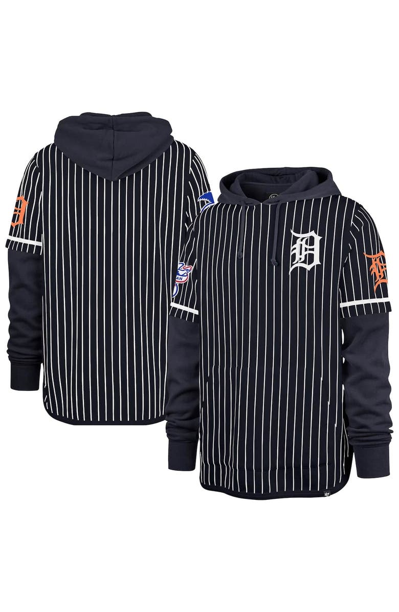 '47 Men's '47  Navy Detroit Tigers Pinstripe Double Header Pullover Hoodie, Main, color, 