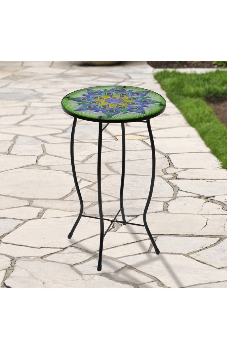 Northlight 19" Green and Blue Peacock Flower Tail Glass Patio Side Table, Alternate, color, Green