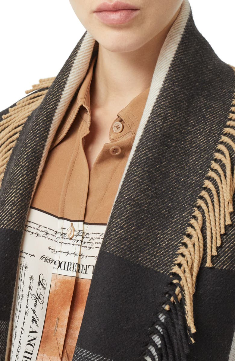 Burberry Check Fringe Wool & Cashmere Cape, Alternate, color,