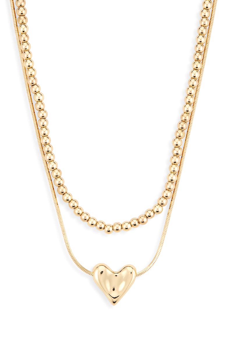 Set of 2 Bead Chain & Puffy Heart Pendant Necklaces, Main, color, GOLD