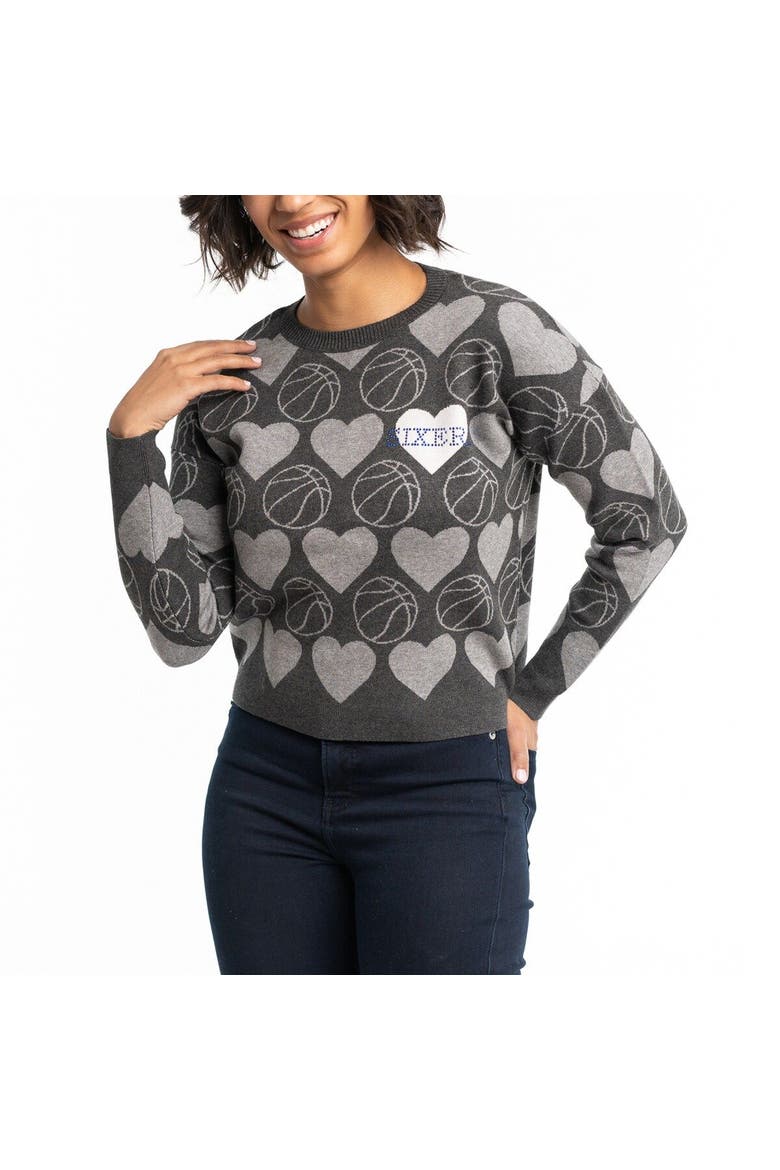 Women's Lusso Charcoal Philadelphia 76ers Basketball Love Swarovski Crystal Intarsia Pullover Sweater, Main, color, Charcoal