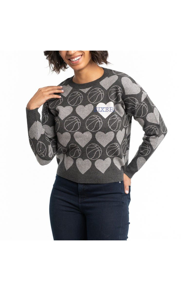 LUSSO Women's Lusso Charcoal Philadelphia 76ers Basketball Love Swarovski Crystal Intarsia Pullover Sweater, Main, color, Charcoal