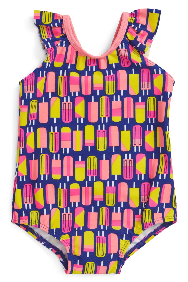 Flutter Sleeve One-Piece Swimsuit, Main, color, BLUE CLEMATIS POPSICLES