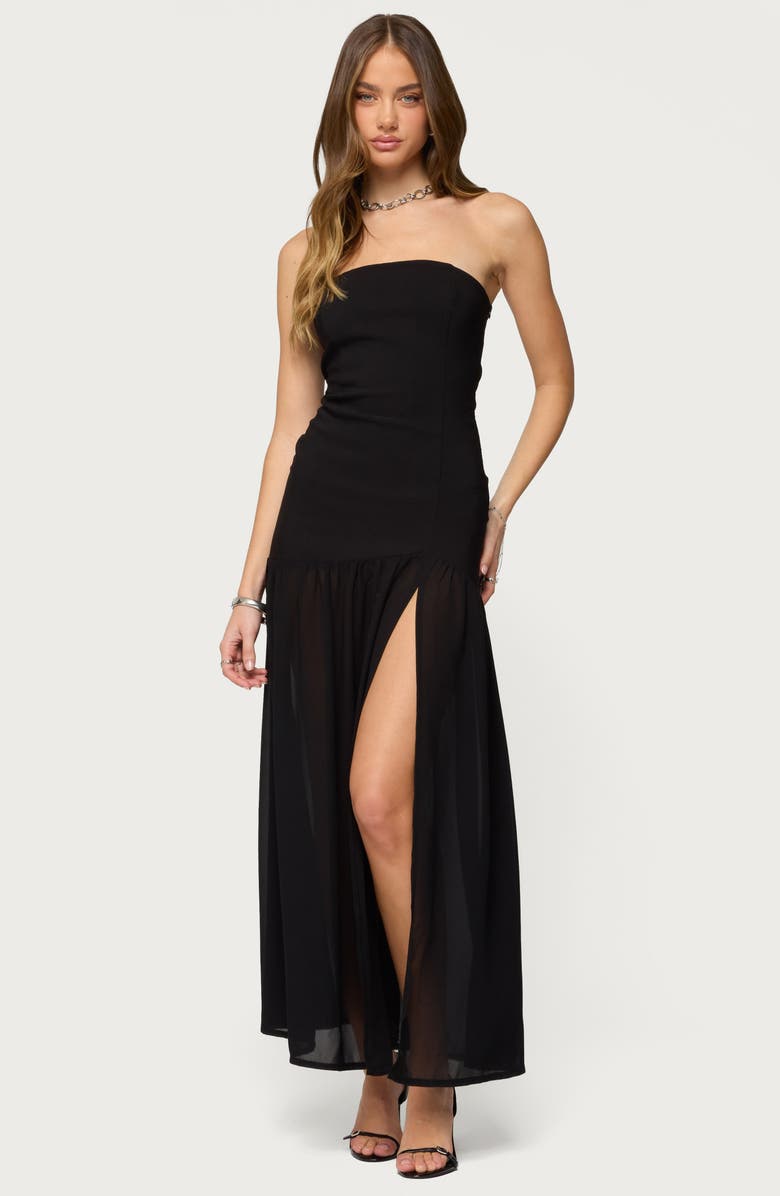 EDIKTED Marisa Strapless Drop Waist Mixed Media Maxi Dress, Alternate, color, 
