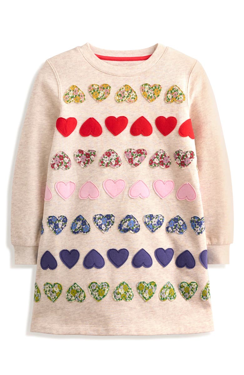 Mini Boden Kids' Ida Heart Appliqué Long Sleeve Sweatshirt Dress, Main, color,
