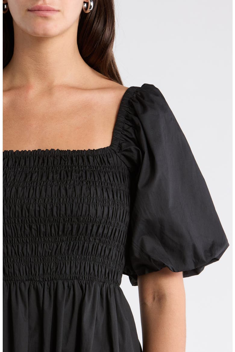 Sonia Bubble Sleeve Smocked Midi Dress, Alternate, color, BLACK