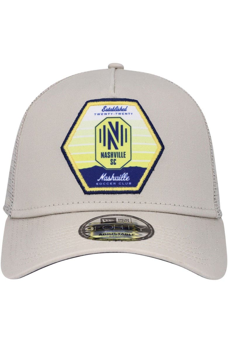 Men's New Era Khaki Nashville SC Established Patch 9FORTY A-Frame Trucker Adjustable Hat, Alternate, color, Khaki