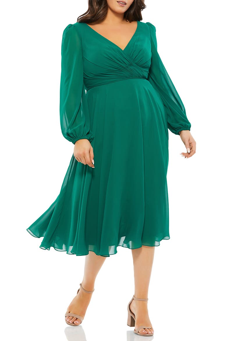 Chiffon Long Bishop Sleeve Surplice Dress, Main, color, EMERALD