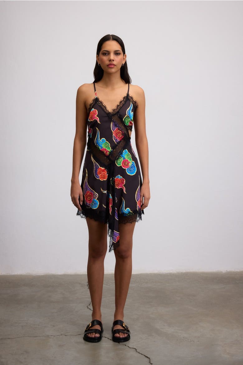 Sora Cloud Print Mini Dress With Lace Trim, Main, color, Black