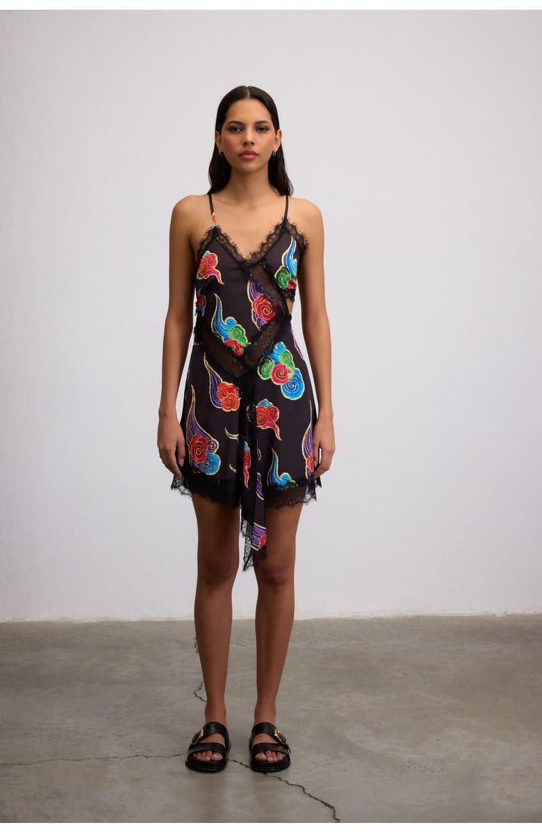 Je Te Veux Sora Cloud Print Mini Dress With Lace Trim, Main, color, Black