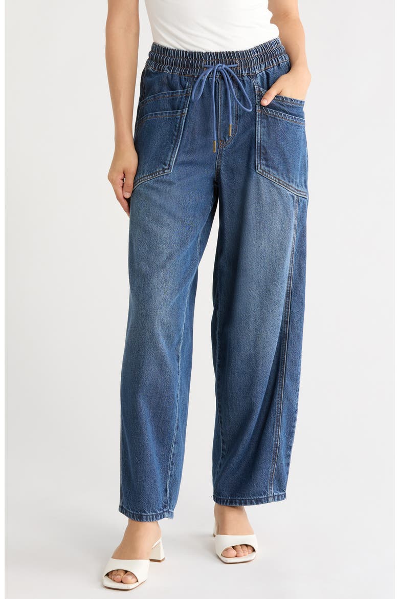 Drawstring Barley Barrel Leg Jeans, Main, color, BLUE