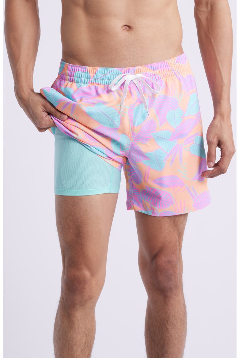The Posh Palms 5.5-Inch Swim Trunks, Alternate, color, BRIGHT ORANGE - PATTERN BASE