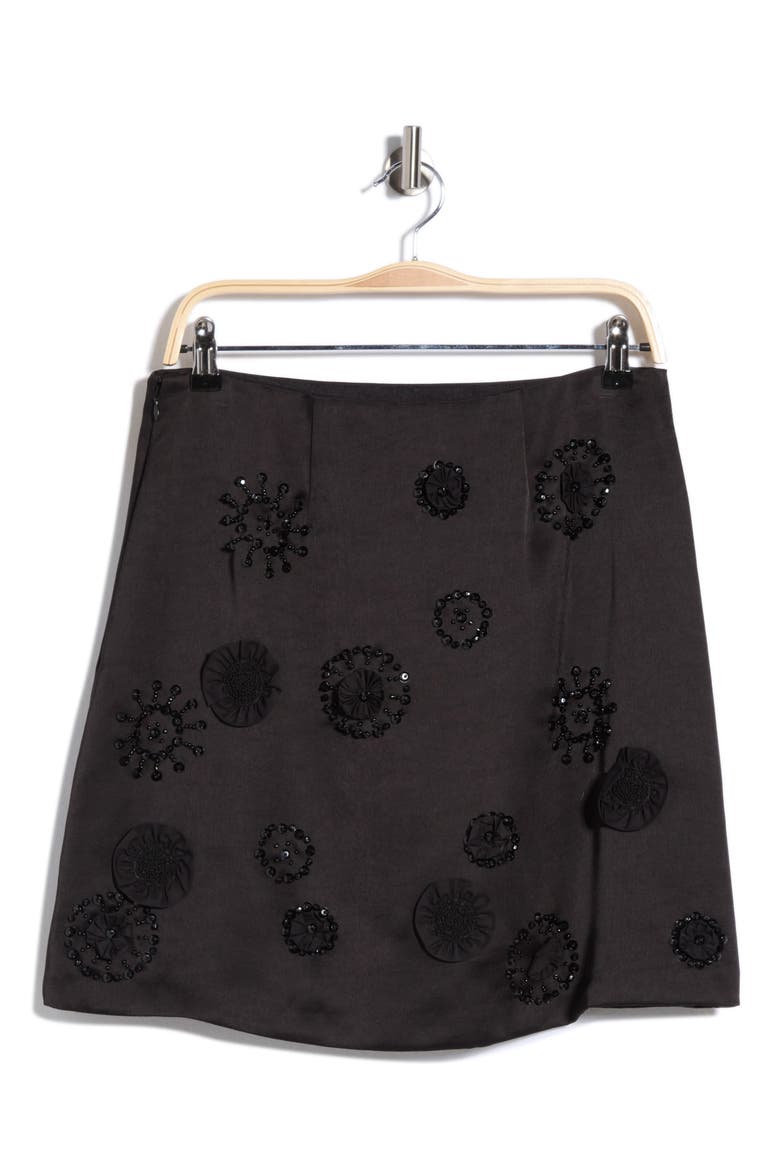 Abrielle Beaded Satin Miniskirt, Alternate, color, BLACK