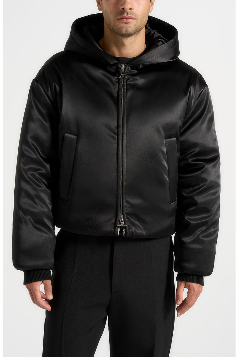 Dario Satin Cropped Hooded Jacket, Alternate, color, Black