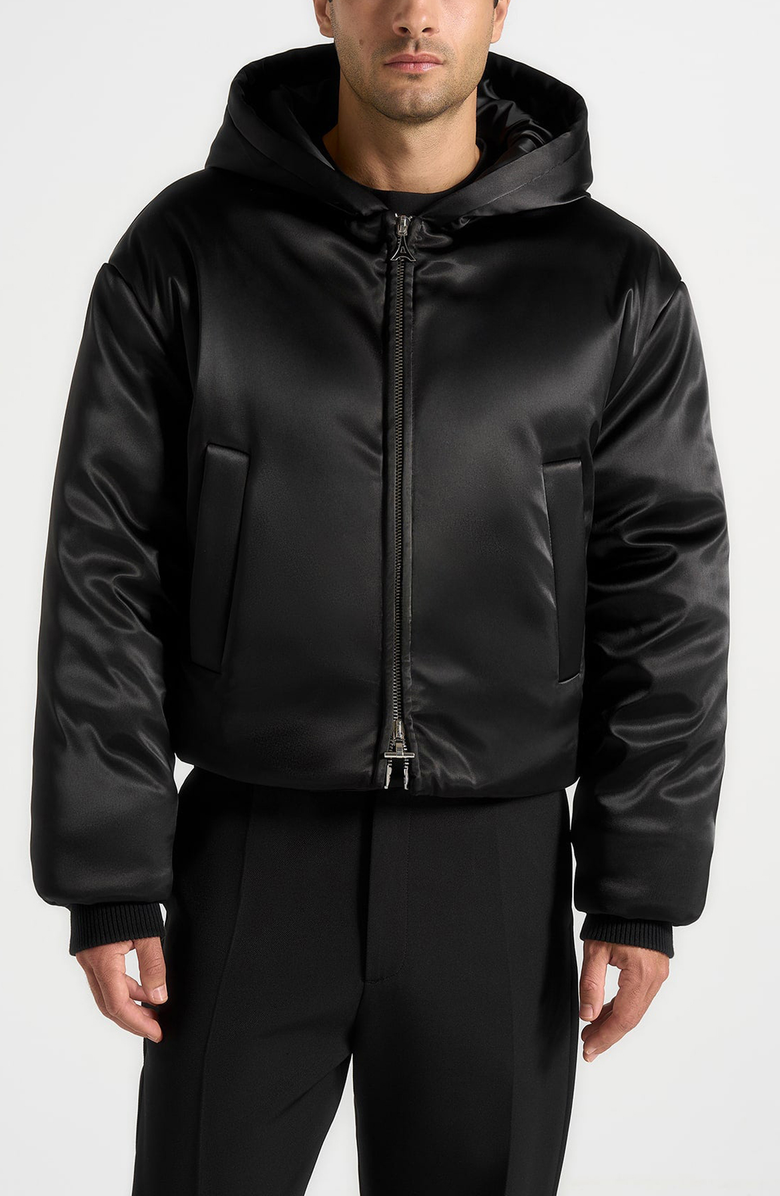 Manière De Voir Dario Satin Cropped Hooded Jacket, Alternate, color, Black