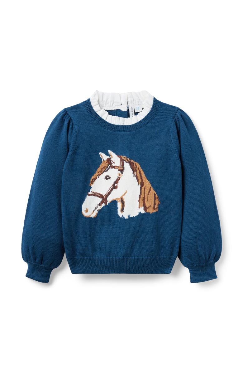 Janie and Jack Horse Ruffle Collar Sweater, Main, color, Blue