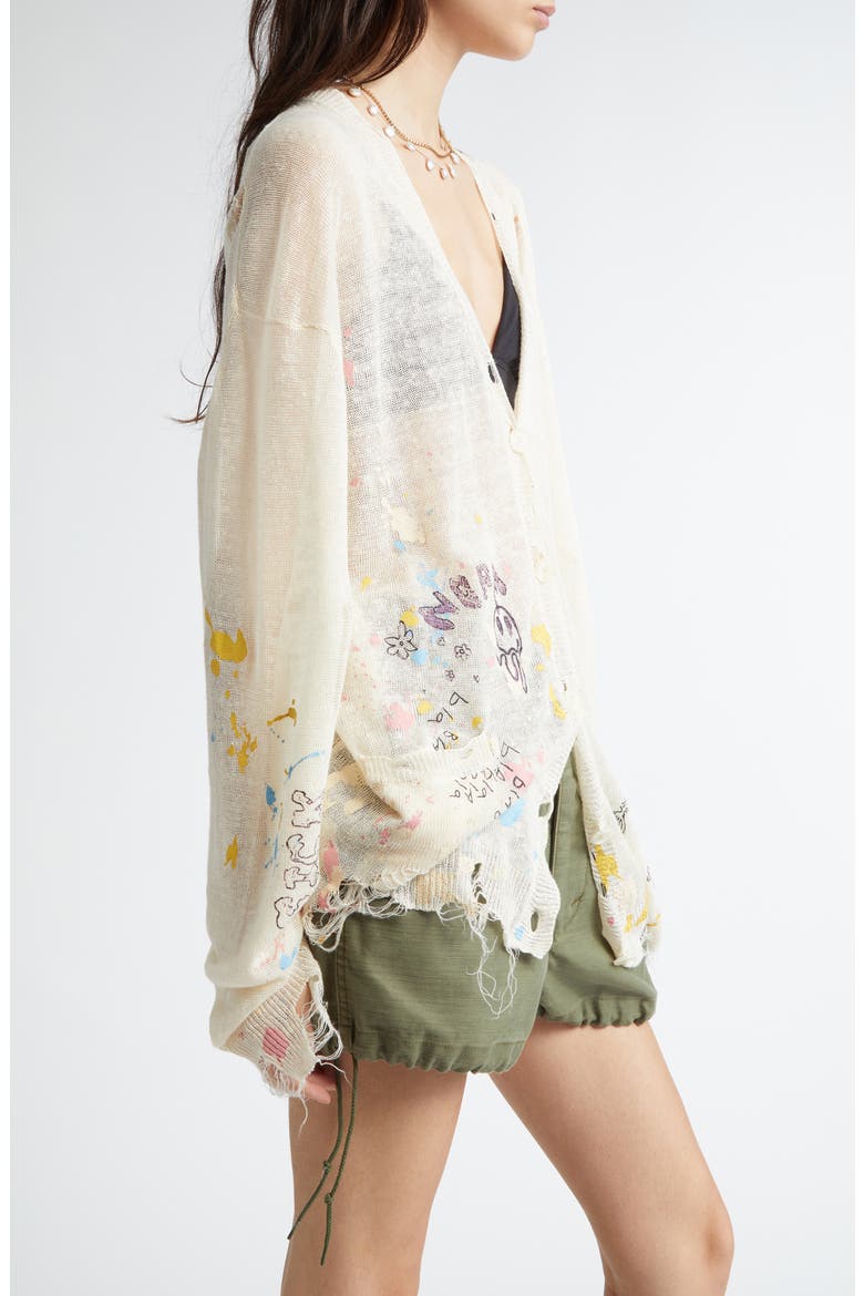 Distressed Oversize Scribble Print Boyfriend Cardigan, Alternate, color, CREAM PAINT SPLATTER SCRIBBLES