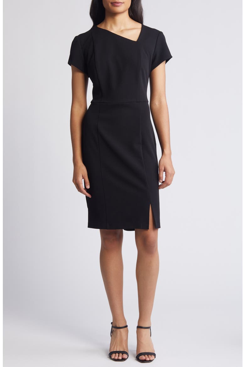 Asymmetric Neck Scuba Sheath Dress, Main, color, BLACK