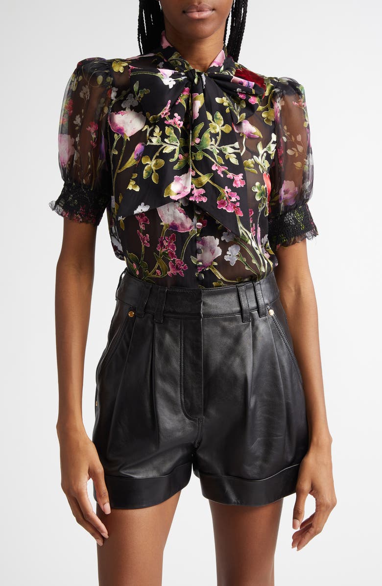 Alice + Olivia Brentley Floral Tie Neck Puff Sleeve Top, Main, color, Floral Dreams