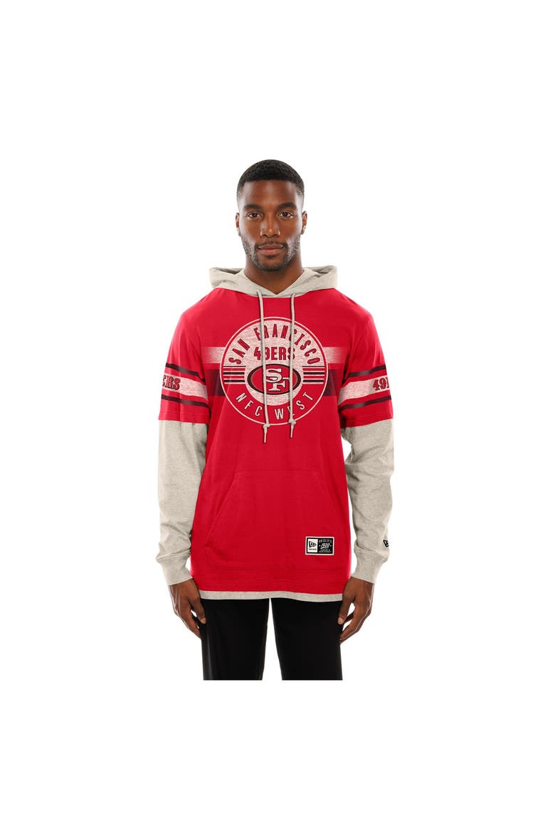 Men's New Era  Scarlet San Francisco 49ers Twofer Layered Long Sleeve Hoodie T-Shirt, Main, color, Scarlet
