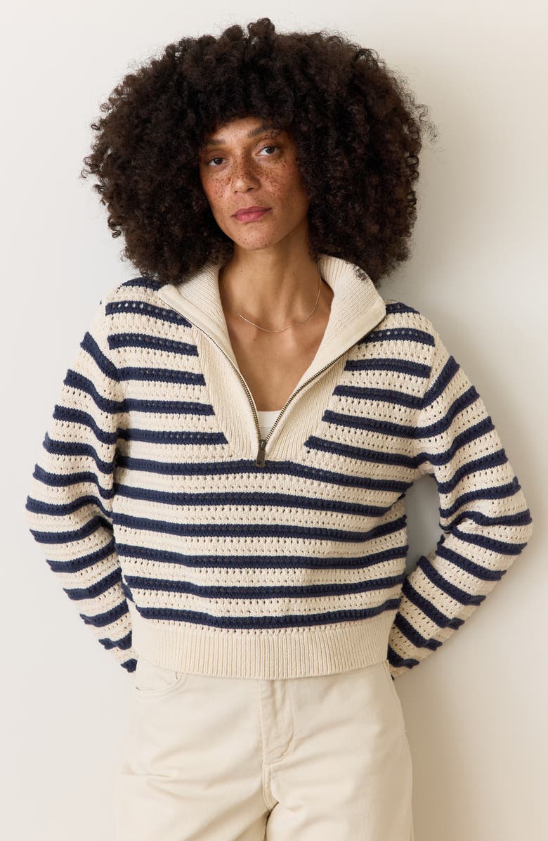 Marine Layer Stripe Open Stitch Quarter Zip Sweater, Alternate, color, Coastal Navy
