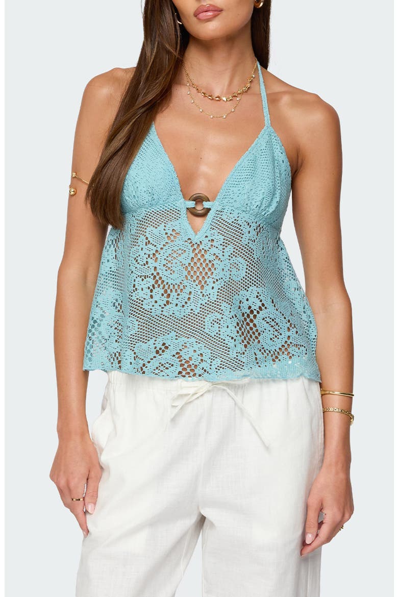 Open Knit Babydoll Halter Top, Main, color, TURQUOISE