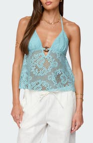 EDIKTED Open Knit Babydoll Halter Top
