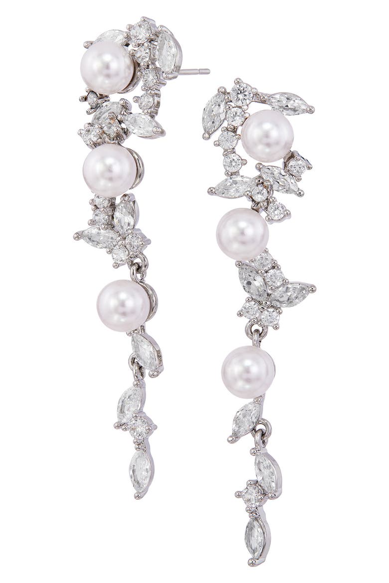 Cubic Zirconia & Faux Pearl Cascade Earrings, Main, color, SILVER