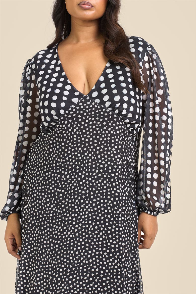 Long Sleeved Polka Dot Midi Dress, Alternate, color, Black