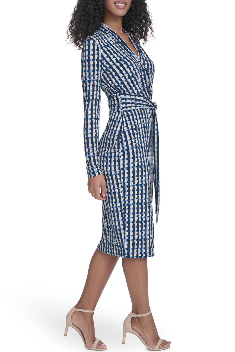 Long Sleeve Tie Waist Faux Wrap Dress, Alternate, color, INDIGO/ STONEY BEIGE MULTI