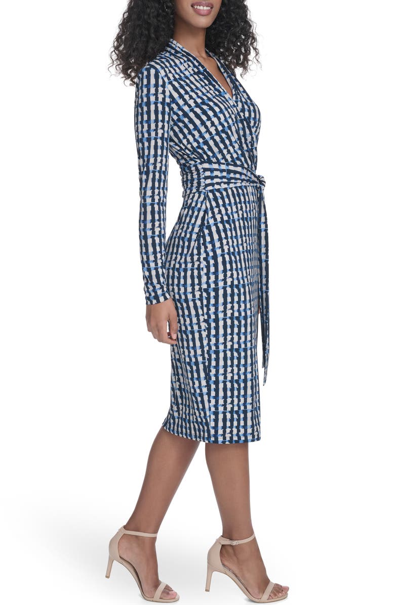 Calvin Klein Long Sleeve Tie Waist Faux Wrap Dress, Alternate, color, Indigo/ Stoney Beige Multi