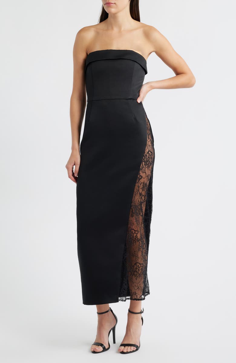 Delfi Collective Nourisse Lace Inset Strapless Gown, Main, color, Black