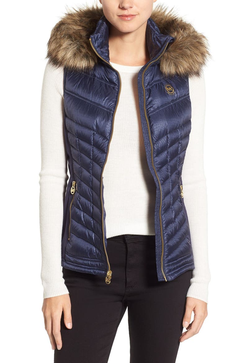 Embossed Mixed Media Down Vest with Detachable Faux Fur Trim Hood, Main, color, MIDNIGHT BLUE EMBOSS