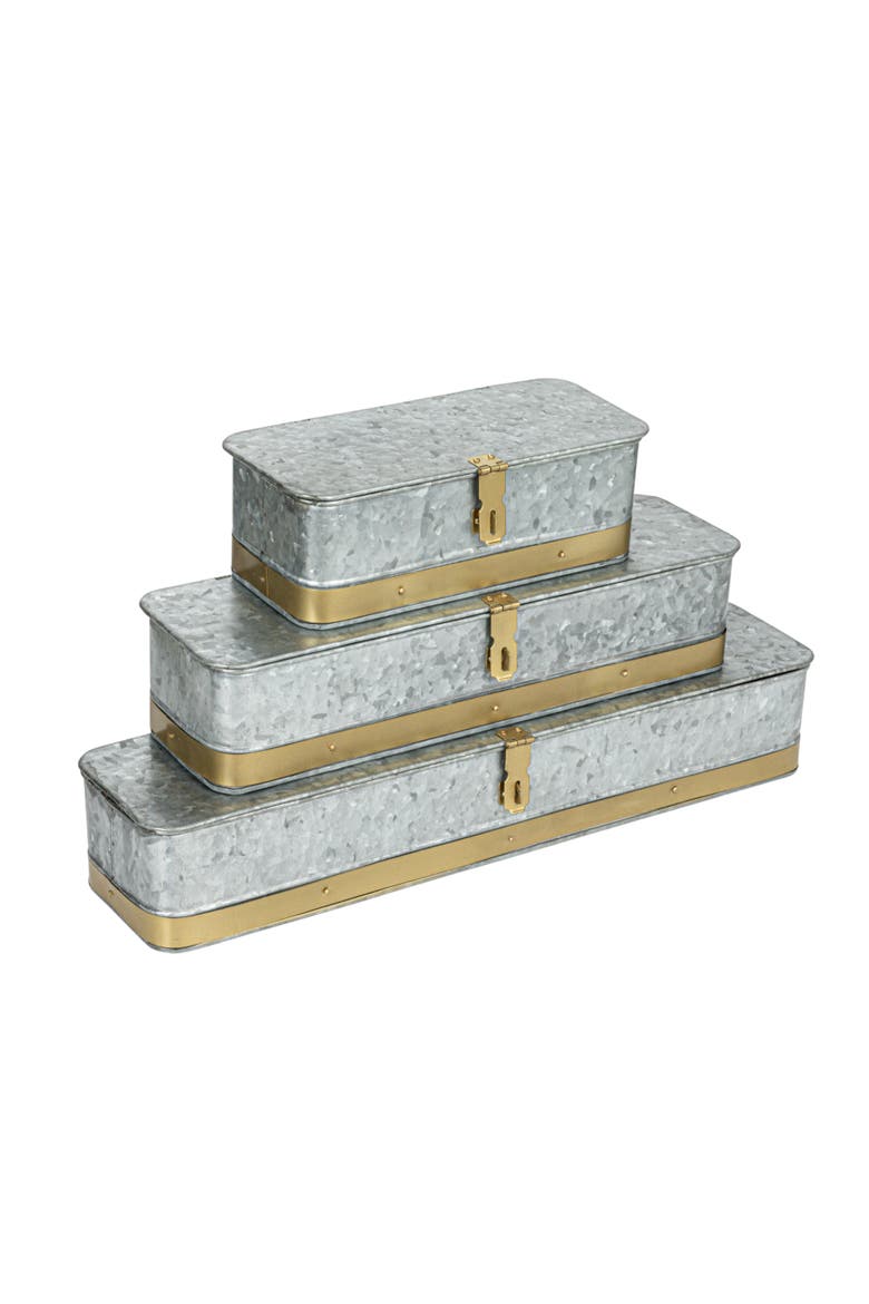 Decorative Metal Boxes with Lid, Galvanized Metal with Gold Band, Set of 3, Main, color, Silver