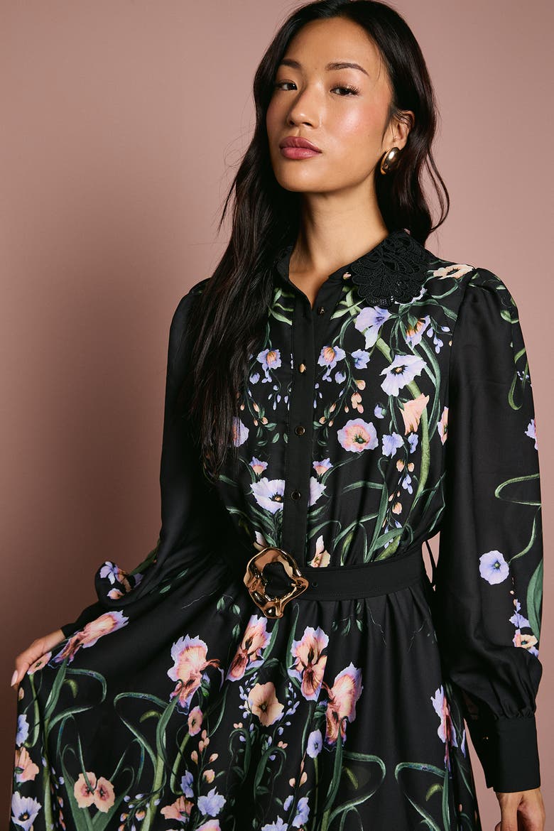 Lace Trim Printed Shirt Dress, Alternate, color, Black