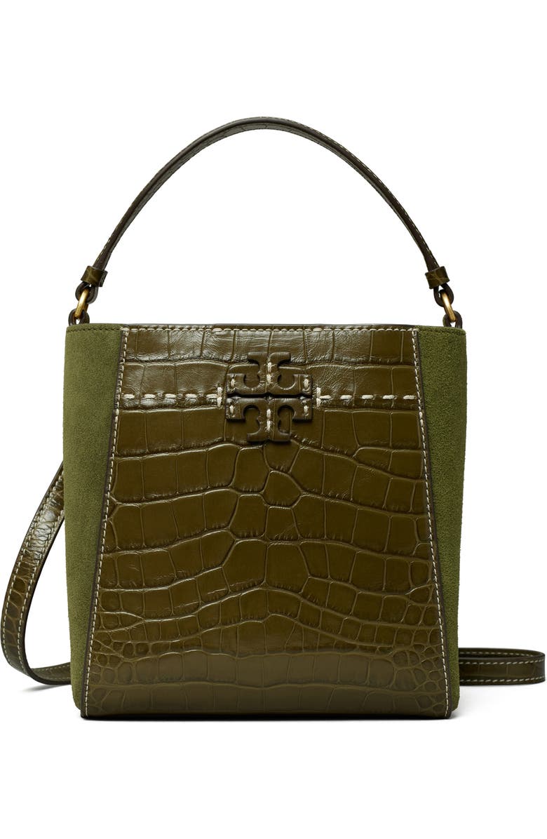 Tory Burch McGraw Small Embossed Leather Bucket Bag, Main, color,