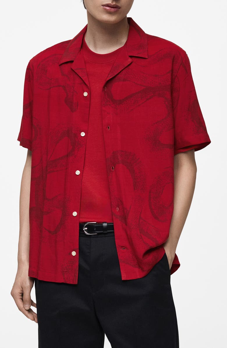 MANGO Regular Fit Snake Print Camp Shirt, Main, color, Red
