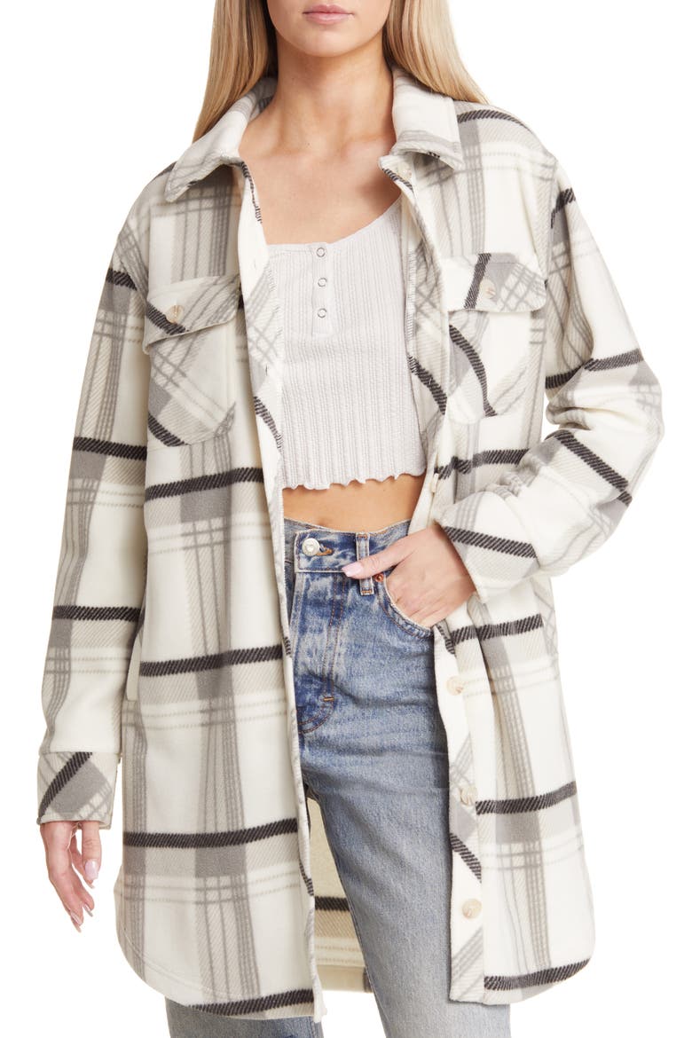 Plaid Long Polar Fleece Shacket, Main, color, GREY COMBO