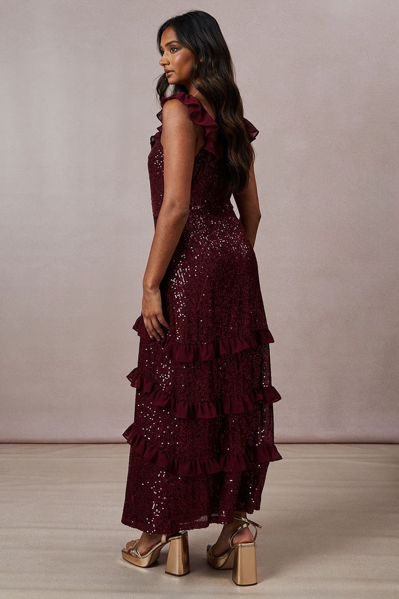 Occasion Sequin Ruffle Midaxi Dress, Alternate, color, Berry