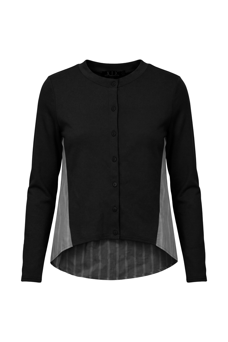 Striped Panel Button Front Cropped Cardigan Shirt with High Low Hem, Main, color, Black
