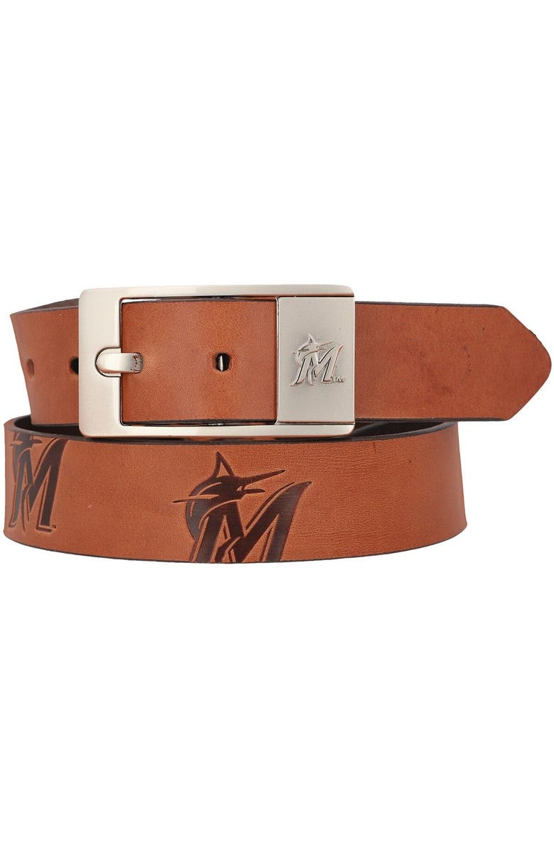 EAGLES WINGS Miami Marlins Brandish Leather Belt, Main, color, Brown